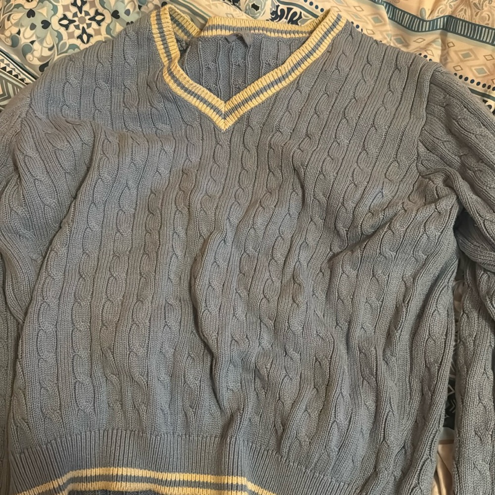 Blue and White V Neck John Galt Nikki Cableknit Sweater